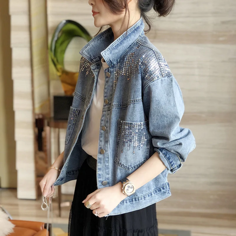 Blue Short Sequin Pocket Denim Jacket Women's Casual Denim Spring Autumn New Loose Fashion Jeans Jacket Women Long Sleeve Coat
Blue Short Sequin Pocket Denim Jacket Women's Casual Denim Spring Autumn New Loose Fashion Jeans Jacket Women Long Sleeve Coat