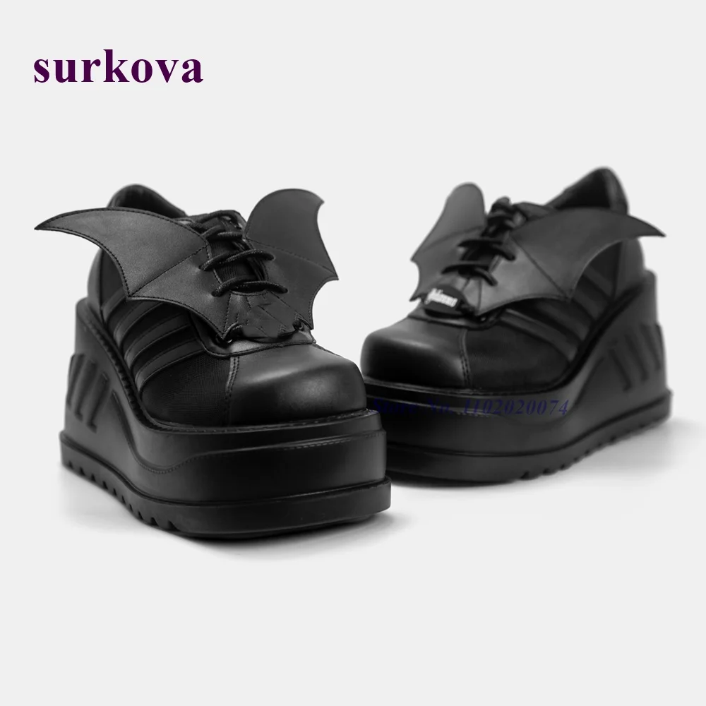 Wedges Bat Wings Martin Boots Round Toe Black Cross Tied Women Boots Shallow Cute Babes Platform Lace Up Casual Shoes Gladiator
Wedges Bat Wings Martin Boots Round Toe Black Cross Tied Women Boots Shallow Cute Babes Platform Lace Up Casual Shoes Gladiator