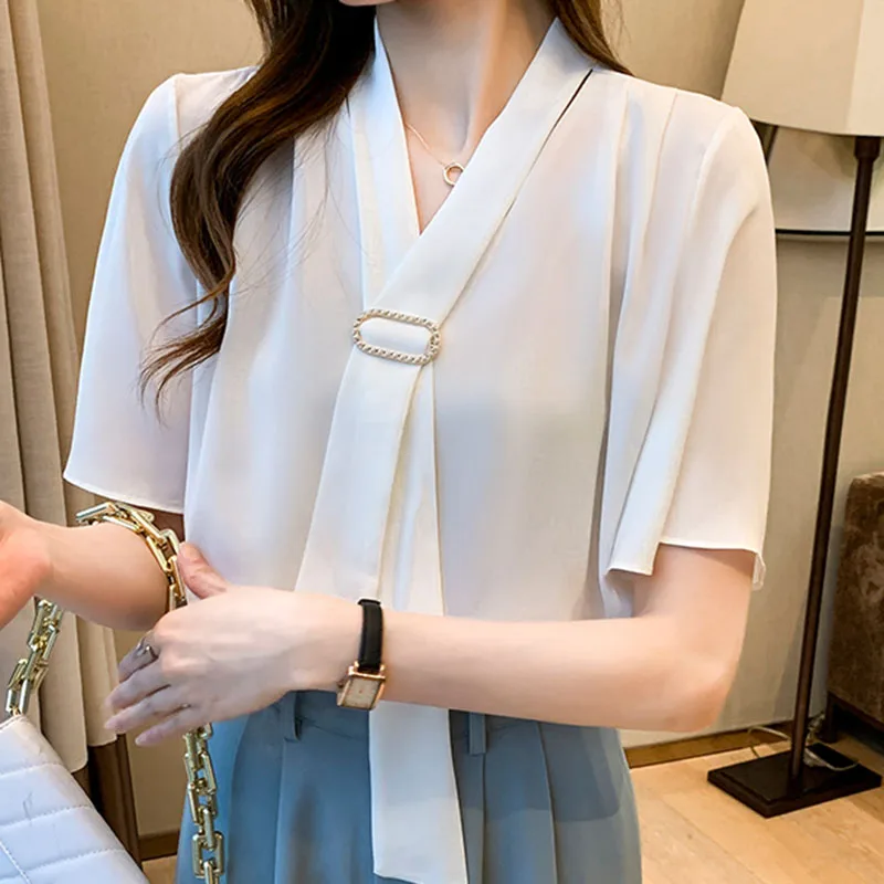 Chiffon Blouse Summer 2022 Women Shirts Lacing V Neck Short Sleeve Top Femme Fashion Clothing Office Lady White Blusas De Mujer
Chiffon Blouse Summer 2022 Women Shirts Lacing V Neck Short Sleeve Top Femme Fashion Clothing Office Lady White Blusas De Mujer
