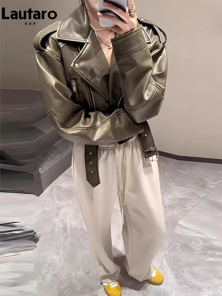 Lautaro Spring Autumn Short Loose Cool Soft Washed Pu Leather Biker Jacket Women Belt Long Sleeve American Retro Clothes 2023
Lautaro Spring Autumn Short Loose Cool Soft Washed Pu Leather Biker Jacket Women Belt Long Sleeve American Retro Clothes 2023