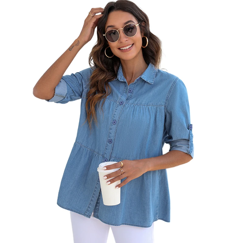 2022 New Spring Casual Cowboy Bottoming Shirt Female Demin Long Sleeve Turn-down Collar Ruffles Shirt Vintage Jean Blue Blouse
2022 New Spring Casual Cowboy Bottoming Shirt Female Demin Long Sleeve Turn-down Collar Ruffles Shirt Vintage Jean Blue Blouse