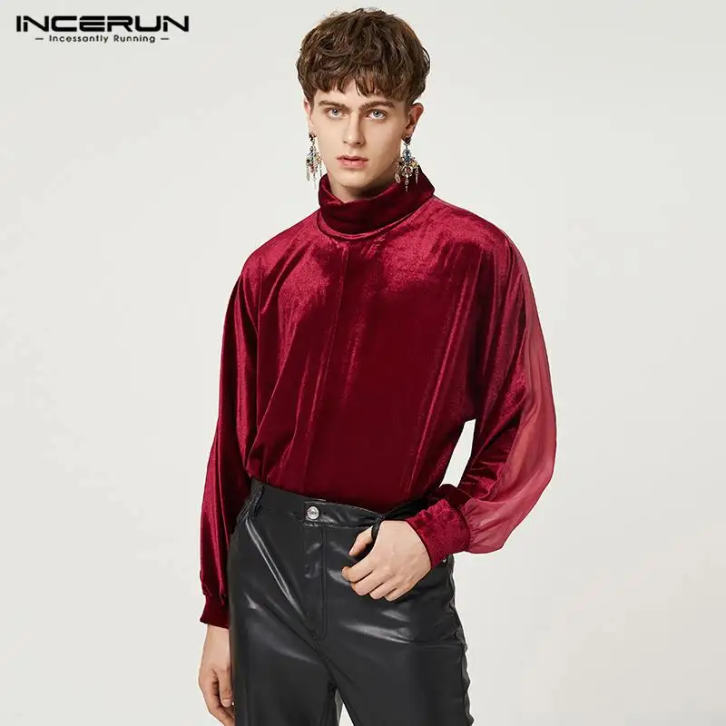 

Handsome Well Fitting Tops INCERUN Men's Suede High Neck Camiseta Leisure All-match Solid Comfortable Long Sleeve T-Shirts S-5XL