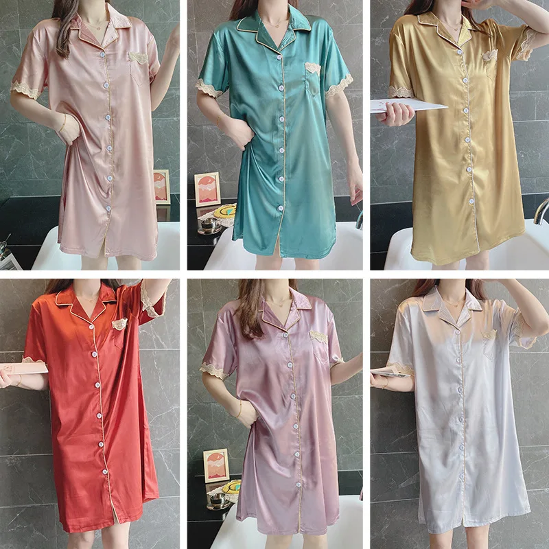 2021 New Nightdress Women's Summer Ice Thin Short Sleeve Cardigan Lace Sexy Nightgown Home Clothes Female Sleepwear Nightwear
2021 New Nightdress Women's Summer Ice Thin Short Sleeve Cardigan Lace Sexy Nightgown Home Clothes Female Sleepwear Nightwear