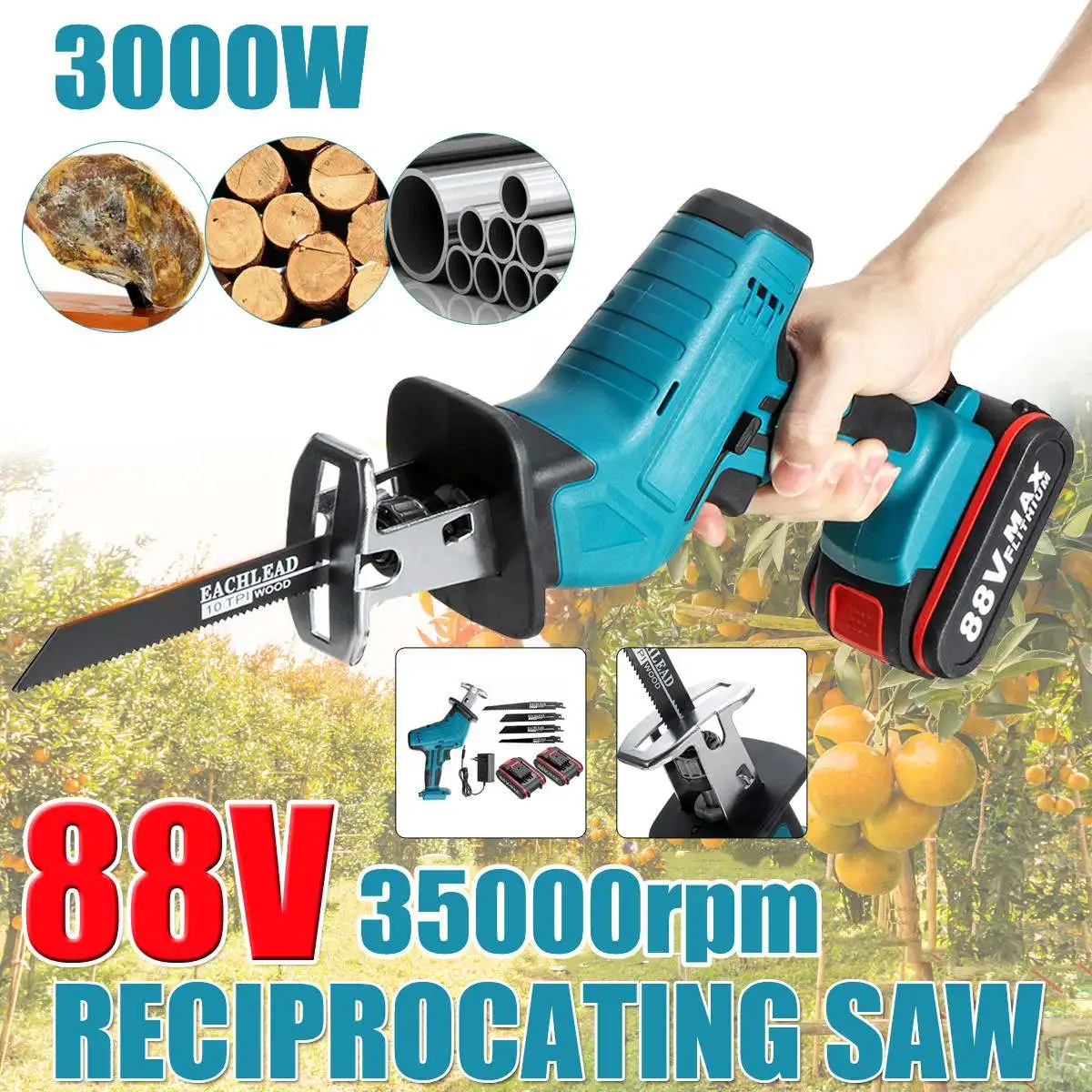 88V Cordless Reciprocating Saw Electric Saw with 4 Blades For Wood Metal Chain Saws Cutting Power Tool with 1/2 Battery 
88V Cordless Reciprocating Saw Electric Saw with 4 Blades For Wood Metal Chain Saws Cutting Power Tool with 1/2 Battery