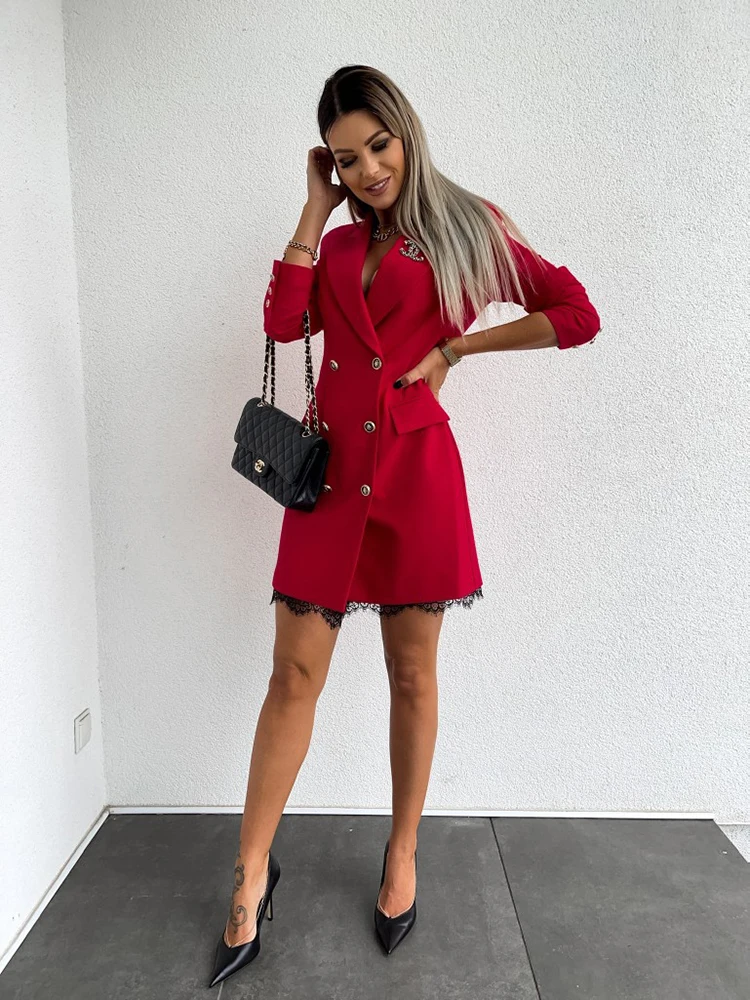 Women Fashion Double Breasted Blazers Lace Patchwork Long Sleeve Dress Office Lady Elegant Suit Female Autumn Outerwear Chic Top 
Women Fashion Double Breasted Blazers Lace Patchwork Long Sleeve Dress Office Lady Elegant Suit Female Autumn Outerwear Chic Top