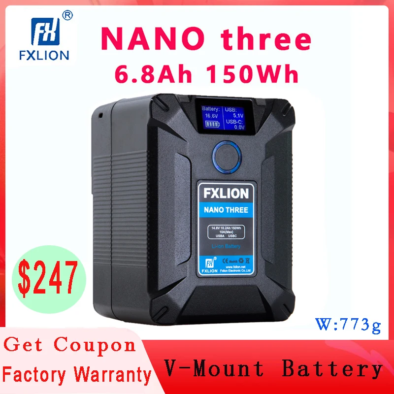 FXLION NANO TWO / NANO THREE 14.8V 150Wh V-Mount Battery with Type-C, D-tap, USB A, Micro USB for Cameras, Camcorders,Large LED
FXLION NANO TWO / NANO THREE 14.8V 150Wh V-Mount Battery with Type-C, D-tap, USB A, Micro USB for Cameras, Camcorders,Large LED