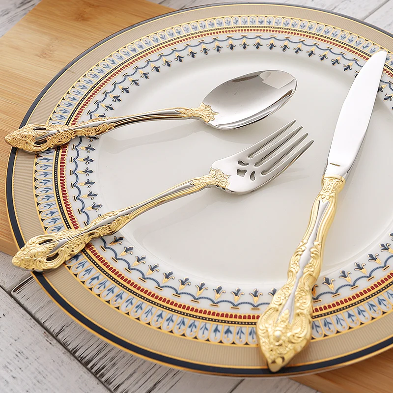 Luxury Gold Dinnerware Set Knife Forks Spoon Stainless Steel Dinnerware Set Retro European Vaisselle Kitchen Dining Bar
Luxury Gold Dinnerware Set Knife Forks Spoon Stainless Steel Dinnerware Set Retro European Vaisselle Kitchen Dining Bar