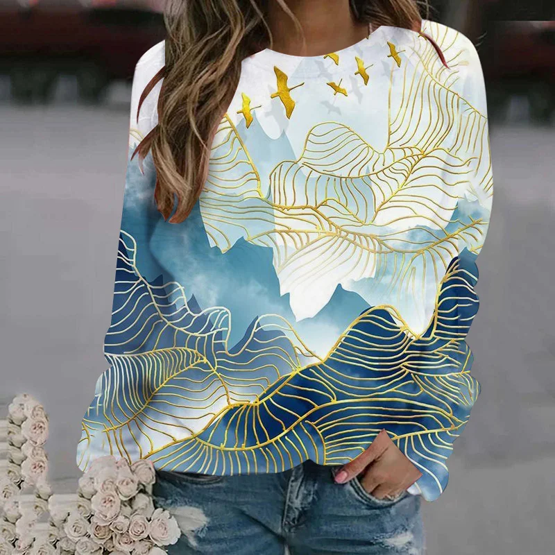 

2023 New Women's Printed T-shirt Fashion Casual Holiday Weekend Top Scenery Small Fresh Long Sleeve Crew Neck Basic Must-have