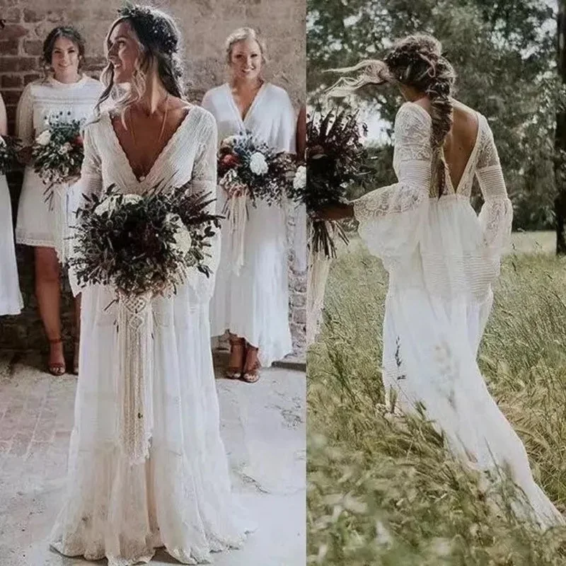 XUNBEI Vestido свадебное платье в стиле бохо-кружевное платье невесты с длинными рукавами, трапециевидной формы, с открытой спиной, складки для пл... 
XUNBEI Vestido свадебное платье в стиле бохо-кружевное платье невесты с длинными рукавами, трапециевидной формы, с открытой спиной, складки для пл...