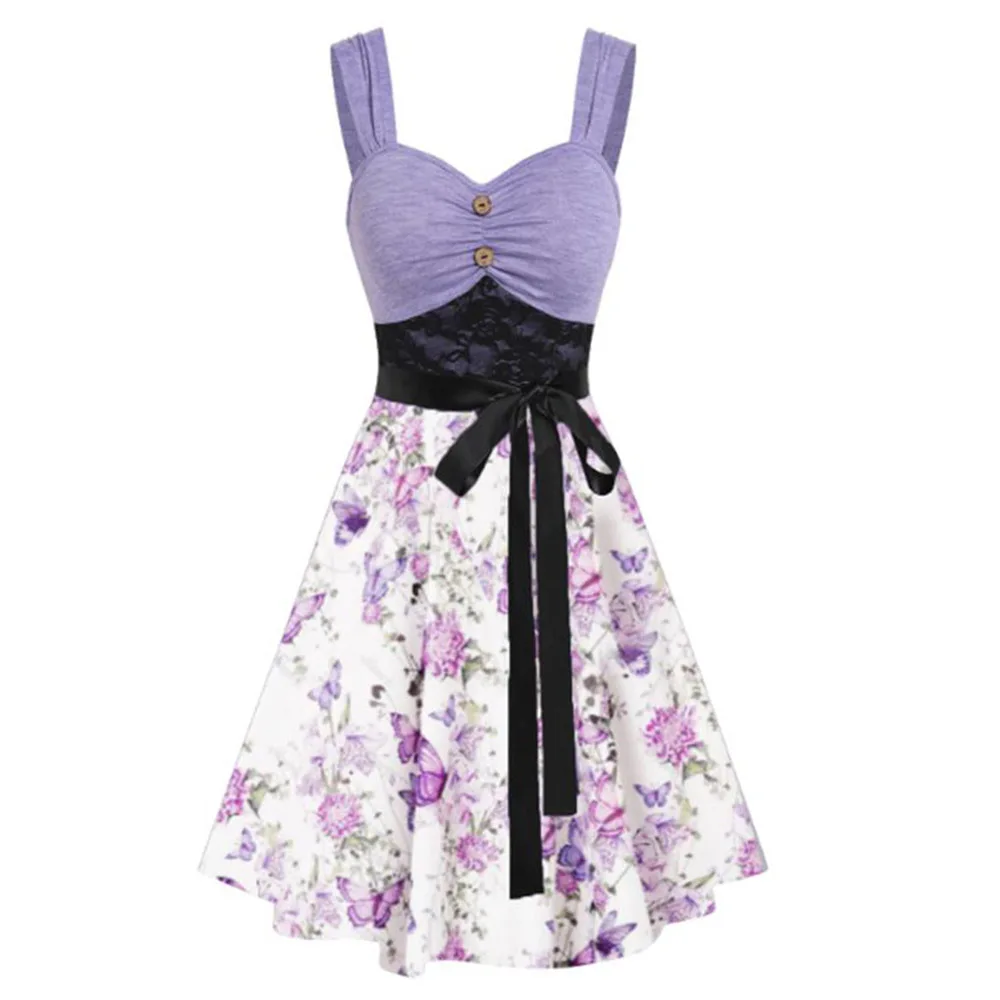 

Women Dress Colorblock Flower Print Dress Lace Panel Empire Waist Belted Mock Button A Line Mini Fashion Casual Dress 2023