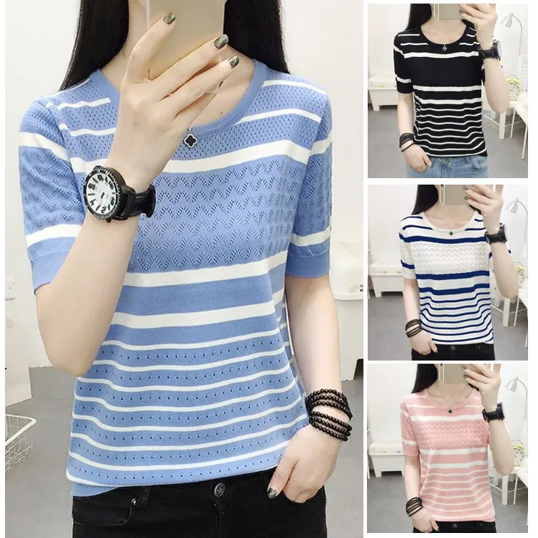 New Summer Women T-Shirt Fashion Hollow Crochet T-Shirt For Women Slim Knitwear Stripes Blouse Korean Casual Short Sleeve Lady
New Summer Women T-Shirt Fashion Hollow Crochet T-Shirt For Women Slim Knitwear Stripes Blouse Korean Casual Short Sleeve Lady