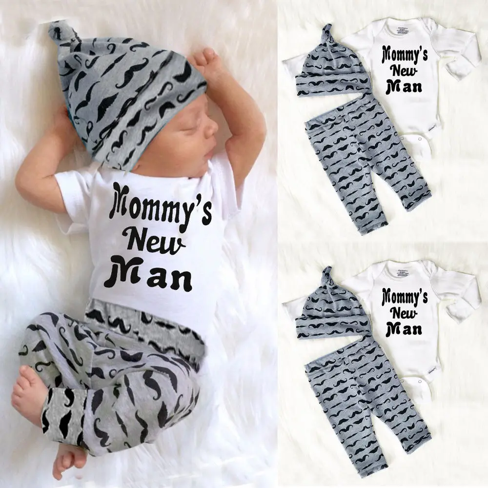 Cute 3PCS Set Newborn Baby Boy Clothes Lovely Mommy's New Man Mustache Print Bodysuit Tops Long Pants Hat Outfits 0-18M
Cute 3PCS Set Newborn Baby Boy Clothes Lovely Mommy's New Man Mustache Print Bodysuit Tops Long Pants Hat Outfits 0-18M