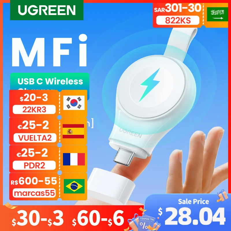 UGREEN USB C портативное беспроводное зарядное устройство MFi для Apple Watch Беспроводное s