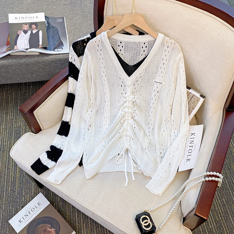 Spring Large Size preppy Knitted Sweater Pullovers Women's Clothing Stripe Hollow out Knitwear Drawstring V-Neck Jersey Top bc87
Spring Large Size preppy Knitted Sweater Pullovers Women's Clothing Stripe Hollow out Knitwear Drawstring V-Neck Jersey Top bc87
