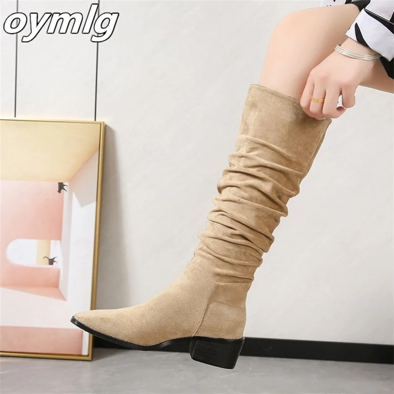 

2022 new piledui boots female cow leather autumn and winter solid color thick mid-heel sleeve and knee high boots womens boots