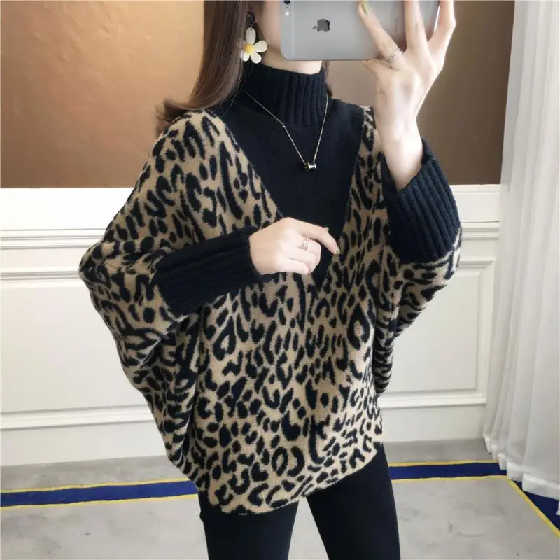 2021 New Fashion High Neck Leopard Sweater Women Wear Loose Turtleneck Knitted Batmobile Jacket Women's Jacket
2021 New Fashion High Neck Leopard Sweater Women Wear Loose Turtleneck Knitted Batmobile Jacket Women's Jacket