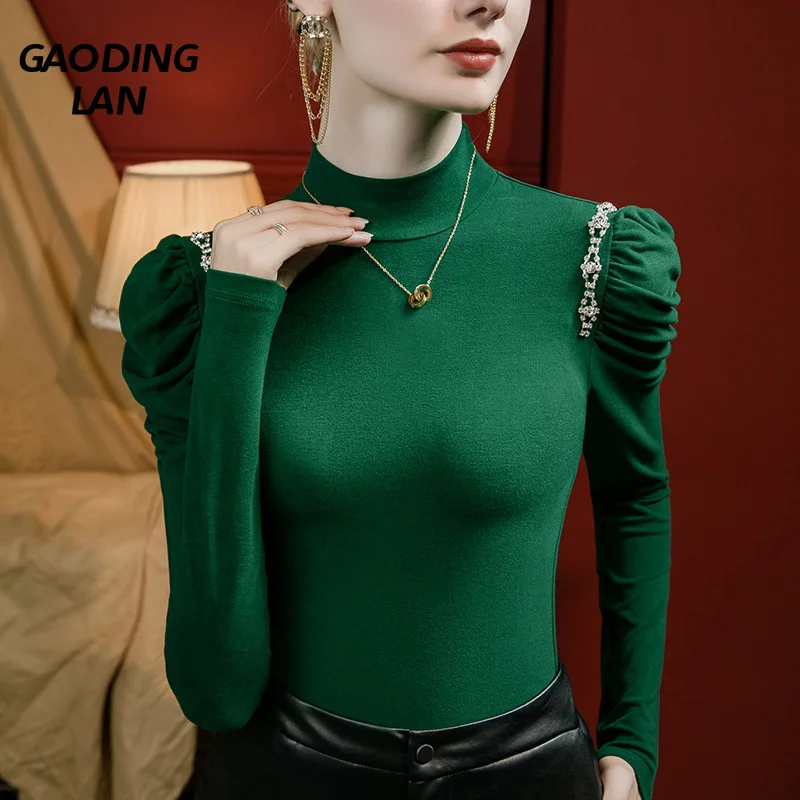 Женская водолазка с длинным рукавом, однотонная водолазка с буффами на рукавах, Осень-зима 
Женская водолазка с длинным рукавом, однотонная водолазка с буффами на рукавах, Осень-зима