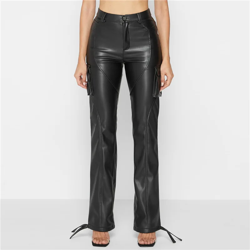 Women Faux PU Leather Pockets Straight Pant Female Autumn Elegant High Waist Trouses Office Lady Vintage Pantalones De Mujer
Women Faux PU Leather Pockets Straight Pant Female Autumn Elegant High Waist Trouses Office Lady Vintage Pantalones De Mujer
