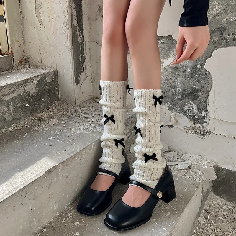 

Bow Leg Warmers Japanese Style JK Knitted Woolen Pile Socks Women Girls Fashion Ballet Guards Socks White Black Long Stockings