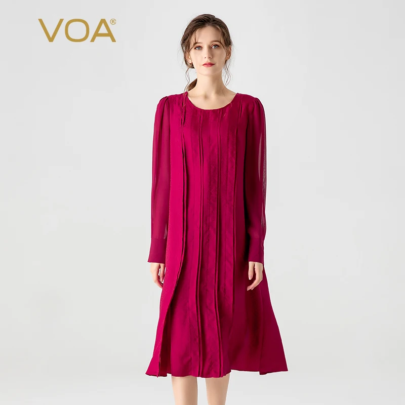 (Fans Exclusive Discount) VOA Silk Jacquard Wine Red O-neck Dresses Women Long Sleeve Good Quality Loose Pleated Dress AE1901
(Fans Exclusive Discount) VOA Silk Jacquard Wine Red O-neck Dresses Women Long Sleeve Good Quality Loose Pleated Dress AE1901