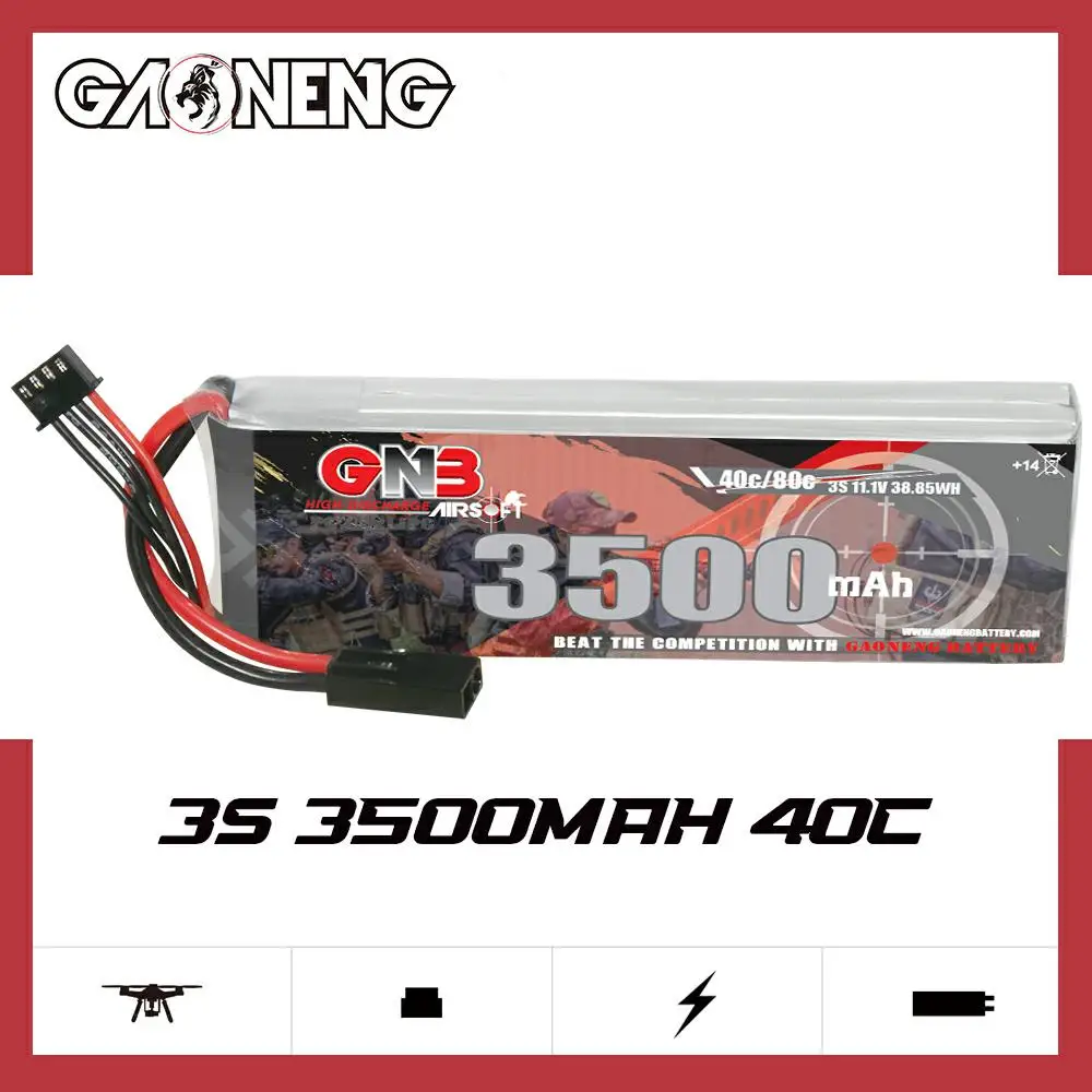 Литий-полимерный аккумулятор GAONENG 3500 мАч 3S1P 11,1 В 40C с разъемом Mini Tamiya для радиоуправляемой модели, водяного пистолета, пневматического пистолета, детали для игрушек
Литий-полимерный аккумулятор GAONENG 3500 мАч 3S1P 11,1 В 40C с разъемом Mini Tamiya для радиоуправляемой модели, водяного пистолета, пневматического пистолета, детали для игрушек