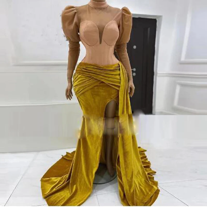 Velvet Aso Ebi Evening Dresses High Neck Puffy Long Sleeves Prom Dress Pleats Side Split Party Dress To Birthday
Velvet Aso Ebi Evening Dresses High Neck Puffy Long Sleeves Prom Dress Pleats Side Split Party Dress To Birthday