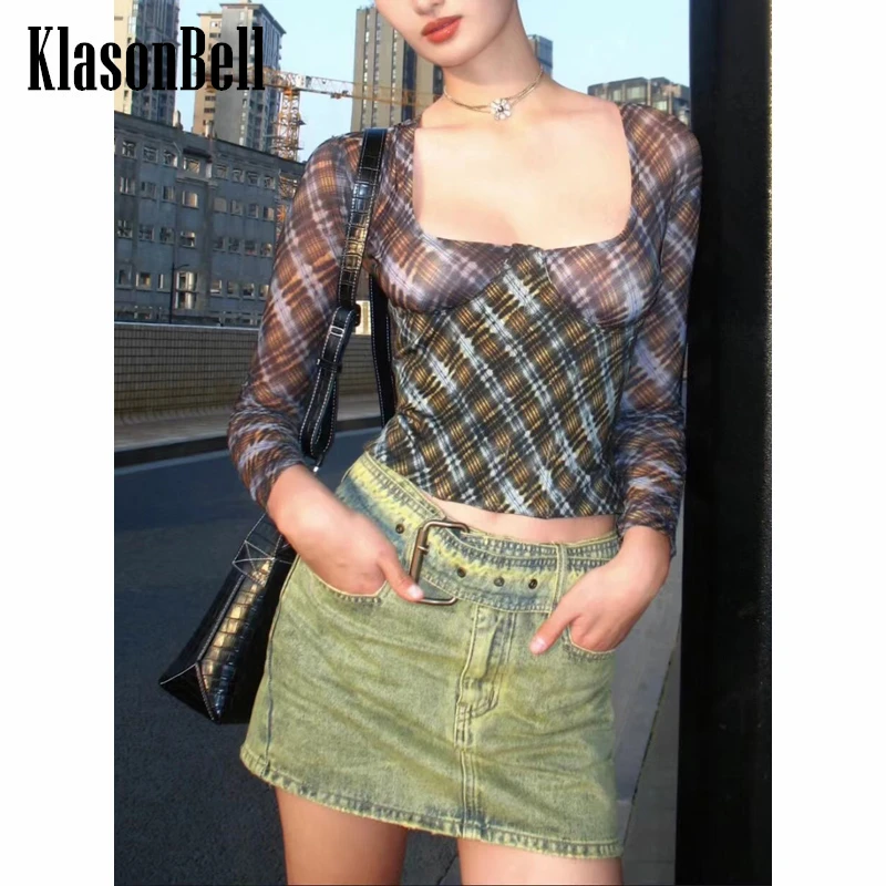 5.17 KlasonBell Fashion Plaid Square Collar Long Sleeve Slim Short T-Shirt Women 
5.17 KlasonBell Fashion Plaid Square Collar Long Sleeve Slim Short T-Shirt Women