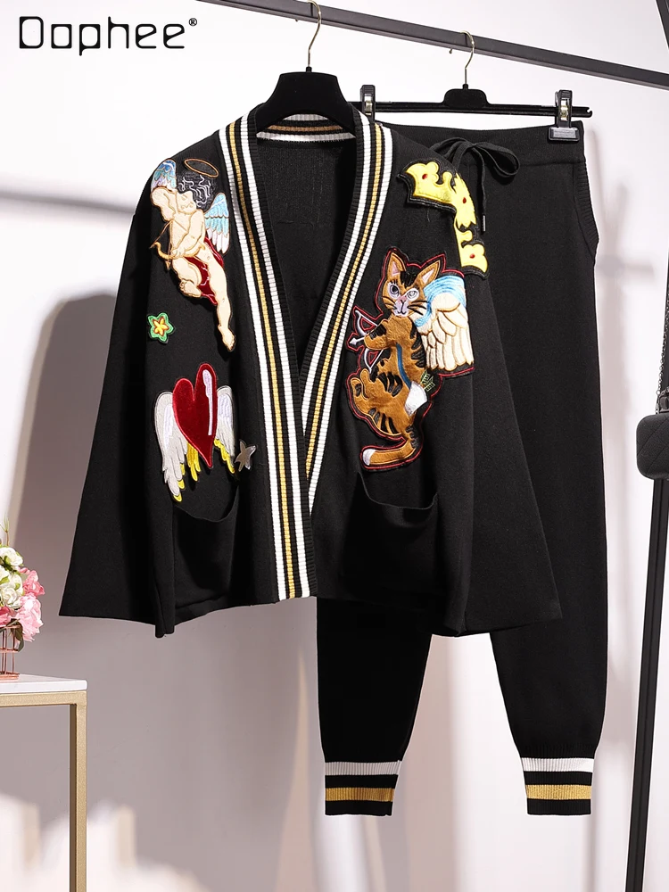 

Женский вязаный комплект из двух предметов, модный брендовый Кардиган с длинным рукавом и брюки с эластичным поясом во французском стиле, 2023