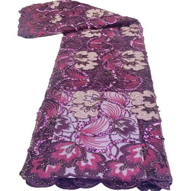

Французская Тюлевая Кружевная Ткань 5 ярдов фиолетовая Высококачественная нигерийская Женская одежда для свадебной вечеринки блестки вышивка африканская кружевная ткань