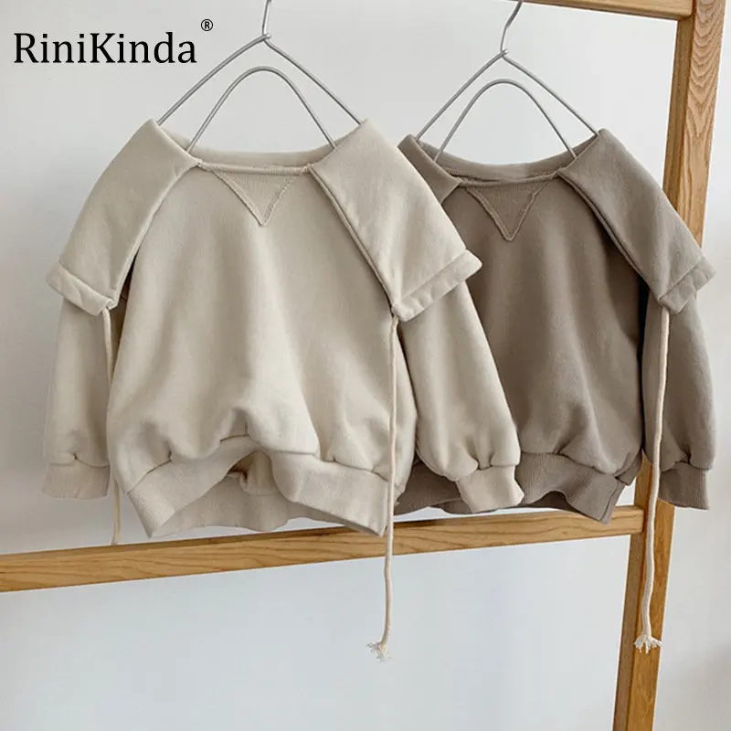 

RiniKinda Girl's Sweet Hoodies Winter 2022 New BIg Lapel Drawstring Solid Girl Pullover New Korean Children Sweatershirt