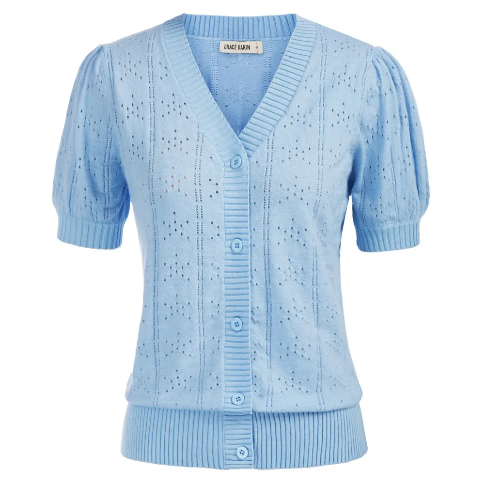 GK Women's Blouse Hollowed-Out Cardigan Sweater Button Down Solid Summer Puffed Short Sleeve V-Neck Knitwear Blusa Feminina
GK Women's Blouse Hollowed-Out Cardigan Sweater Button Down Solid Summer Puffed Short Sleeve V-Neck Knitwear Blusa Feminina