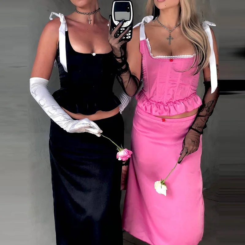 hirigin 2 Piece Set Women Tie-up Strap Corsets Tops Y2K Vintage Ruffles Hem Backless Bandage Camis Midi Skirts Club Party Night
hirigin 2 Piece Set Women Tie-up Strap Corsets Tops Y2K Vintage Ruffles Hem Backless Bandage Camis Midi Skirts Club Party Night
