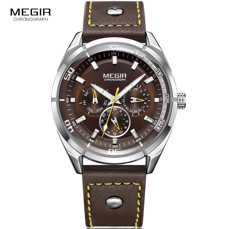 

MEGIR Men's Waterproof Quartz Watches Luminous Calendar Week 24 Hours Casual Analogue Wristwatch for Man Brown 2072GBN-10