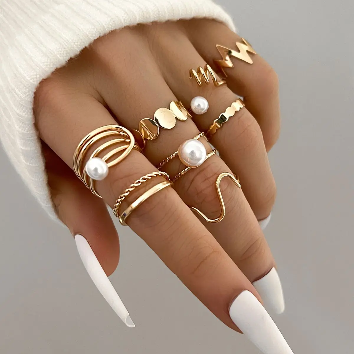 European And American Antique Imitation Pearl Ring Geometric Prototype Smooth Lightning Pearl Ring 8-piece Set
European And American Antique Imitation Pearl Ring Geometric Prototype Smooth Lightning Pearl Ring 8-piece Set
