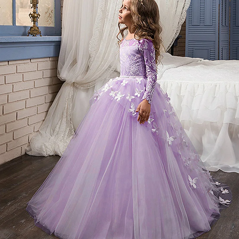 

First Communion Dresses For Girls Scoop Backless Appliques Flower Girls Dress Bows Tulle Ball Gown Pageant Dresses For Girls