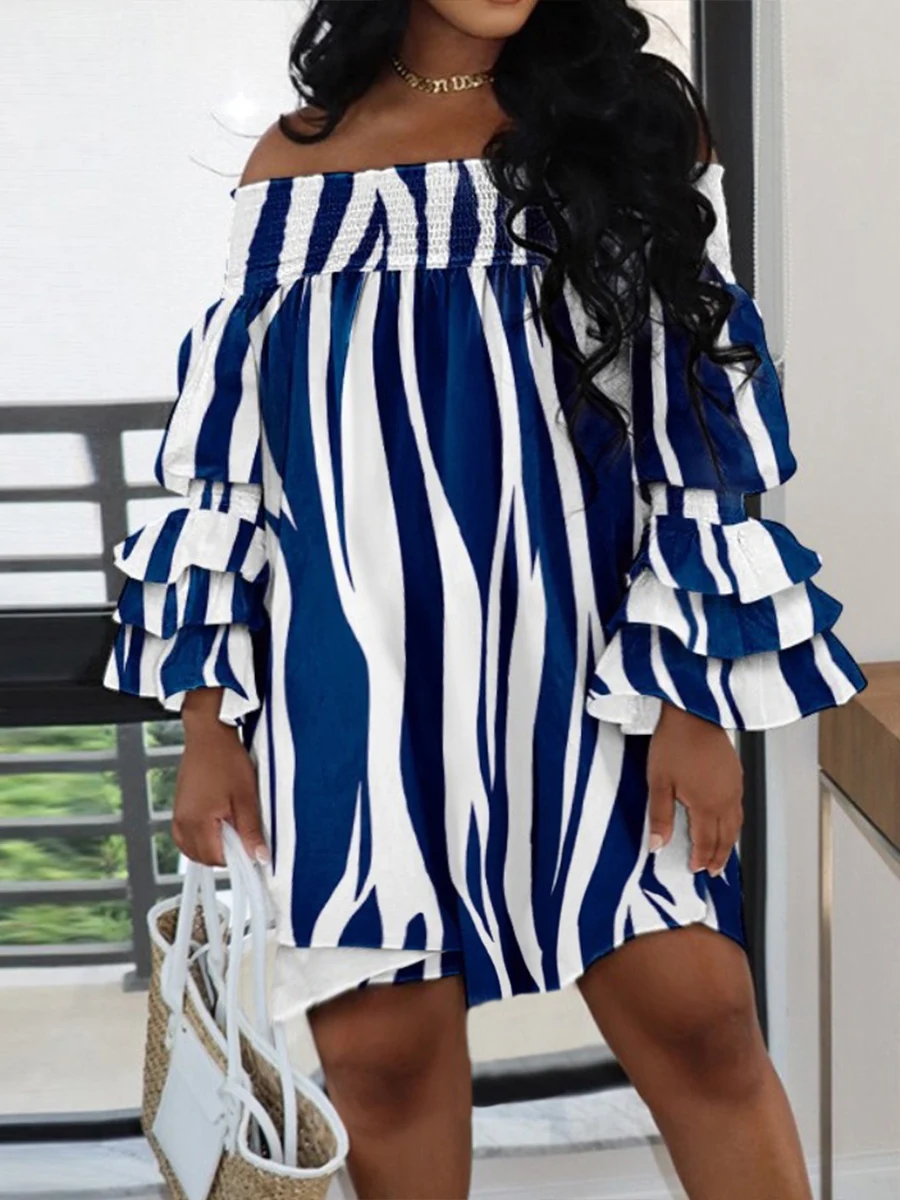 

LW Off The Shoulder Striped Layered Cascading Dress Print Flounce Design Patchwork Women Vestidos Color Block Outfits
