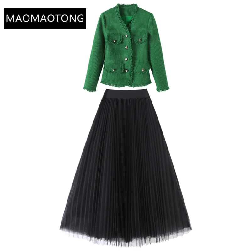 2022 Luxury Designer Autumn Flower Button Tassel Knitted Fabric long sleeve Green Tweed Coat + Mesh Black Skirts 2 Pieces Set
2022 Luxury Designer Autumn Flower Button Tassel Knitted Fabric long sleeve Green Tweed Coat + Mesh Black Skirts 2 Pieces Set