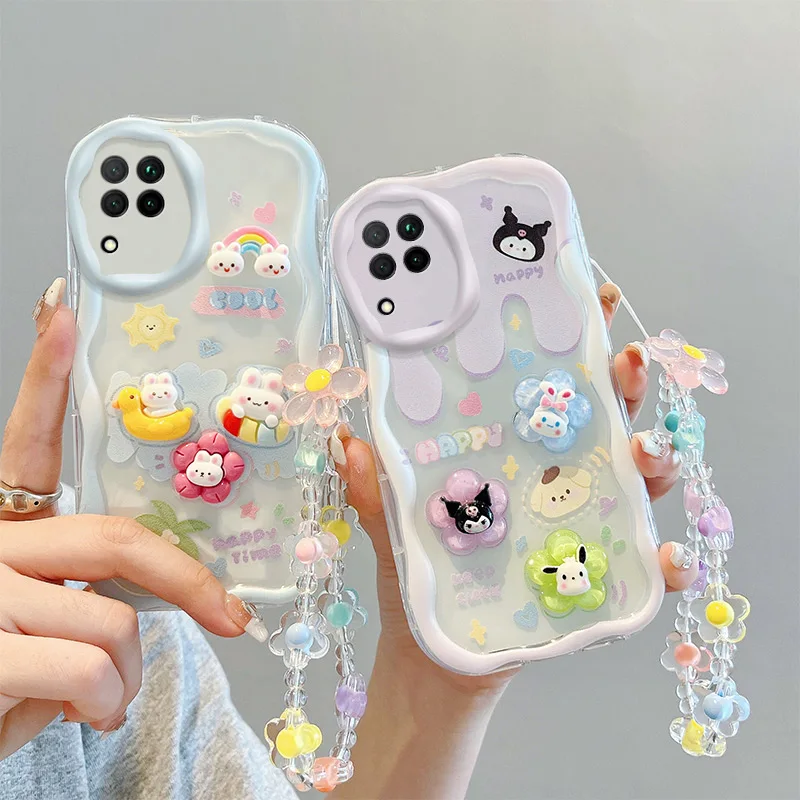 

Fashion Wavy Edge Cute Creamy Cartoon Animals Phone Case For Samsung Galaxy A22 4G M22 4G M32 4G 22 32 Hand Strap Bracelet Cover