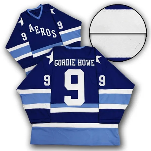 

9 GORDIE HOWE AEROS White Bule Hockey Jersey Embroidery Stitched Customize any number and name