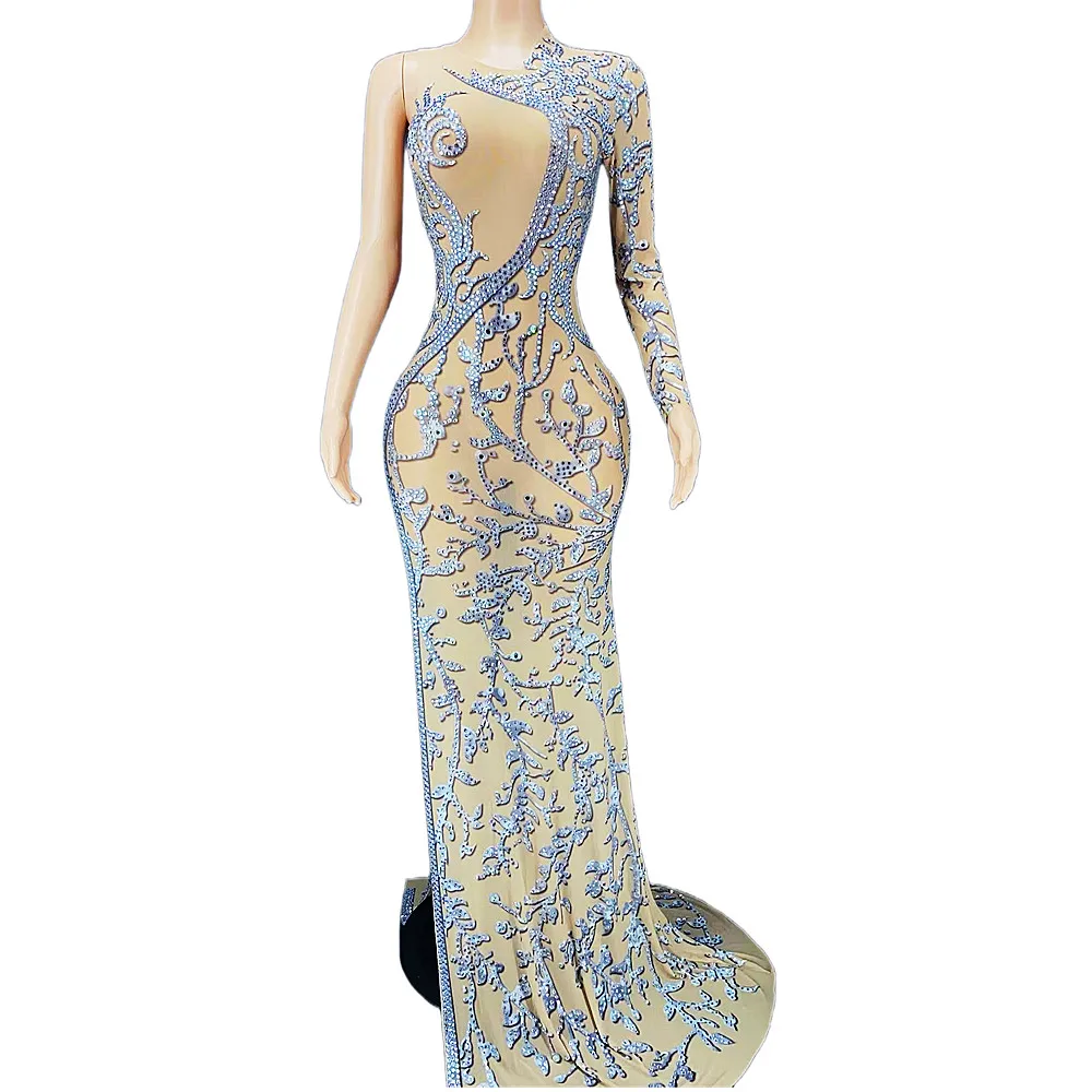 Nude Shining Rhinestones One Sleeve Sexy Women Long Dress Evening Ballroom Clothing Stage Entertainers Stage Singer Costumes
Nude Shining Rhinestones One Sleeve Sexy Women Long Dress Evening Ballroom Clothing Stage Entertainers Stage Singer Costumes