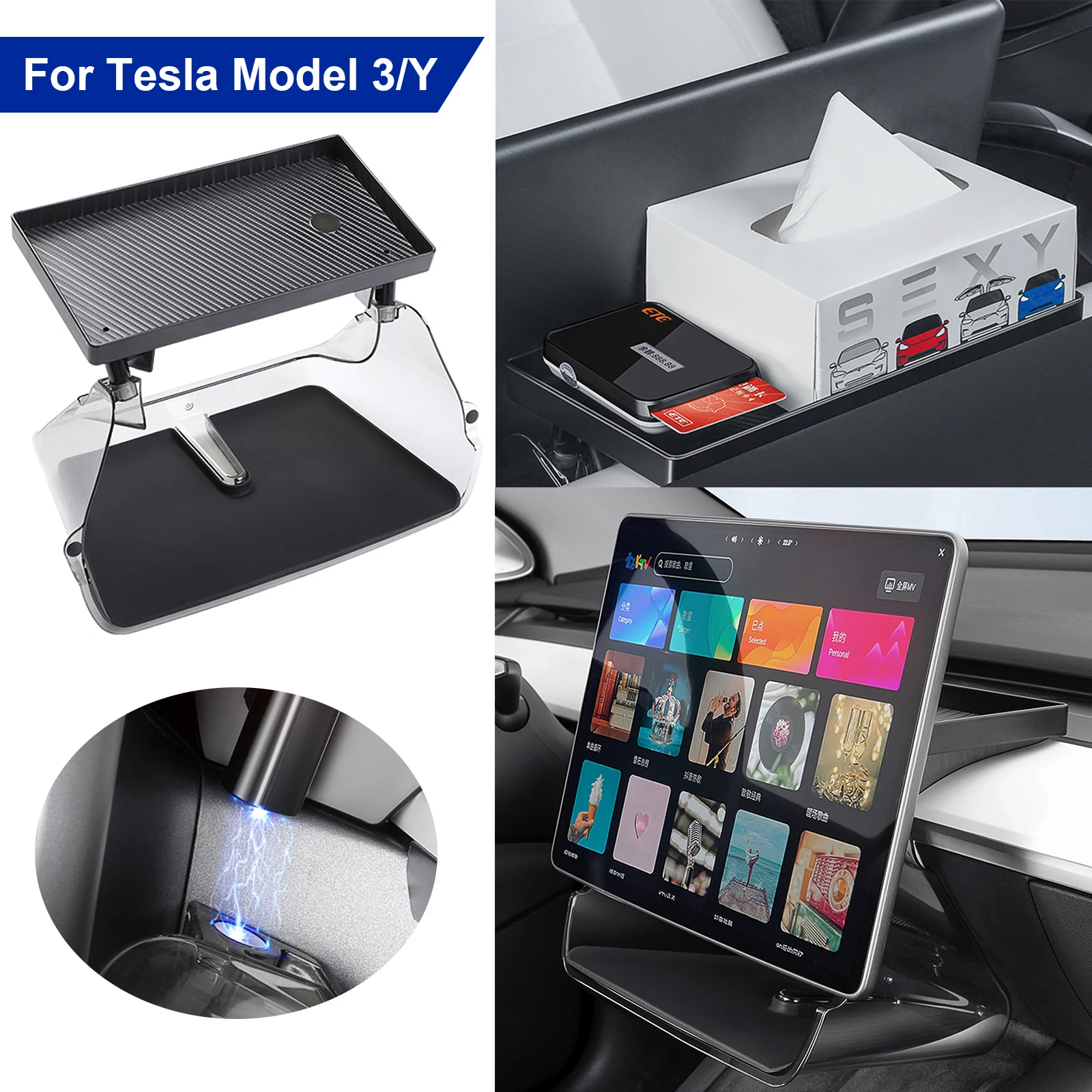 

2 in 1 Under Behind Screen Storage Organizer Tray Center Console Case Magnetic Hidden Tissue Box For Tesla Model 3 Y