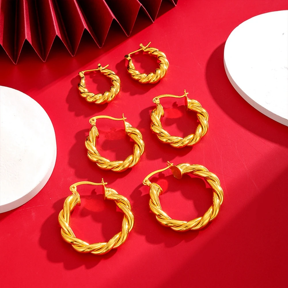 

Витые серьги-кольца для женщин и девушек, серьги из настоящего 18-каратного золота с волнистыми вставками, ювелирные изделия в подарок