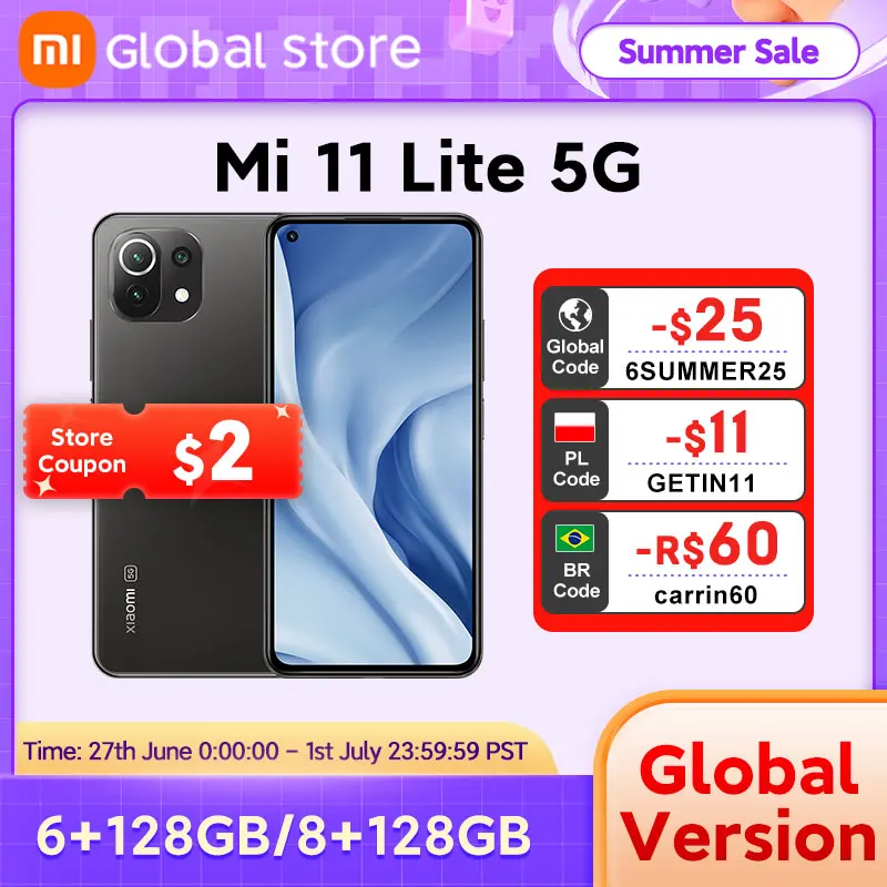Глобальная версия Xiaomi 11 Lite 5G мобильный телефон 6 ГБ ОЗУ 128 Гб ПЗУ Восьмиядерный