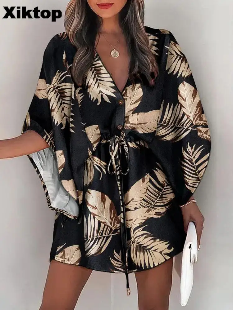 Xiktop Casual Drawstring Lace Up Button Dress Women Fashion Graphic Print Loose Dress Sexy V-Neck Batwing Sleeve Mini Dress
Xiktop Casual Drawstring Lace Up Button Dress Women Fashion Graphic Print Loose Dress Sexy V-Neck Batwing Sleeve Mini Dress