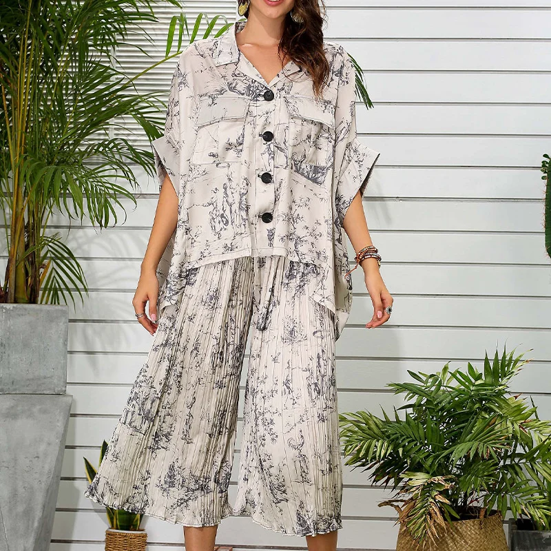 Two Piece Set Top and Pants Plus Size Elastic Wais Print Straight Trousers Suits Women Three Quarter Spring Summer
Two Piece Set Top and Pants Plus Size Elastic Wais Print Straight Trousers Suits Women Three Quarter Spring Summer
