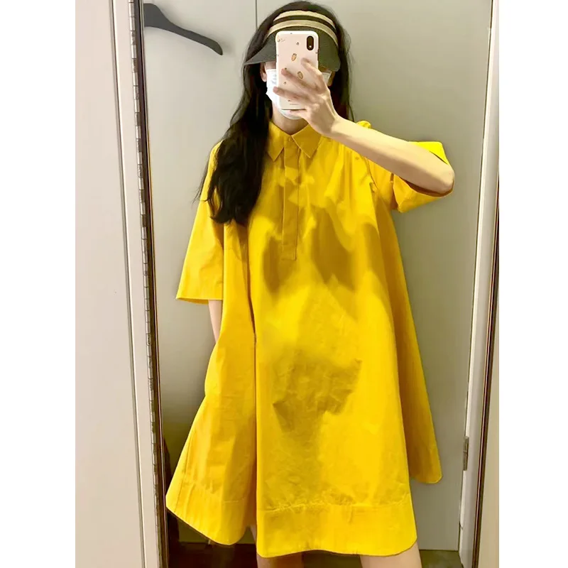 Summer Yellow Color Polo Neck Women Dress Cotton Fabric Short Sleeves Loose Ruched Folds Lady Pleated Dresses
Summer Yellow Color Polo Neck Women Dress Cotton Fabric Short Sleeves Loose Ruched Folds Lady Pleated Dresses