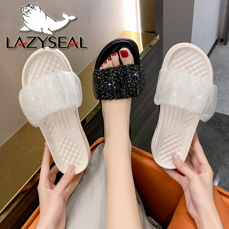 

LazySeal Flat With Women Slides Outside 3cm Low Heel Beach Shoes Pleated Lace Upper Flip Flop Platform Slippers Bling Sandals