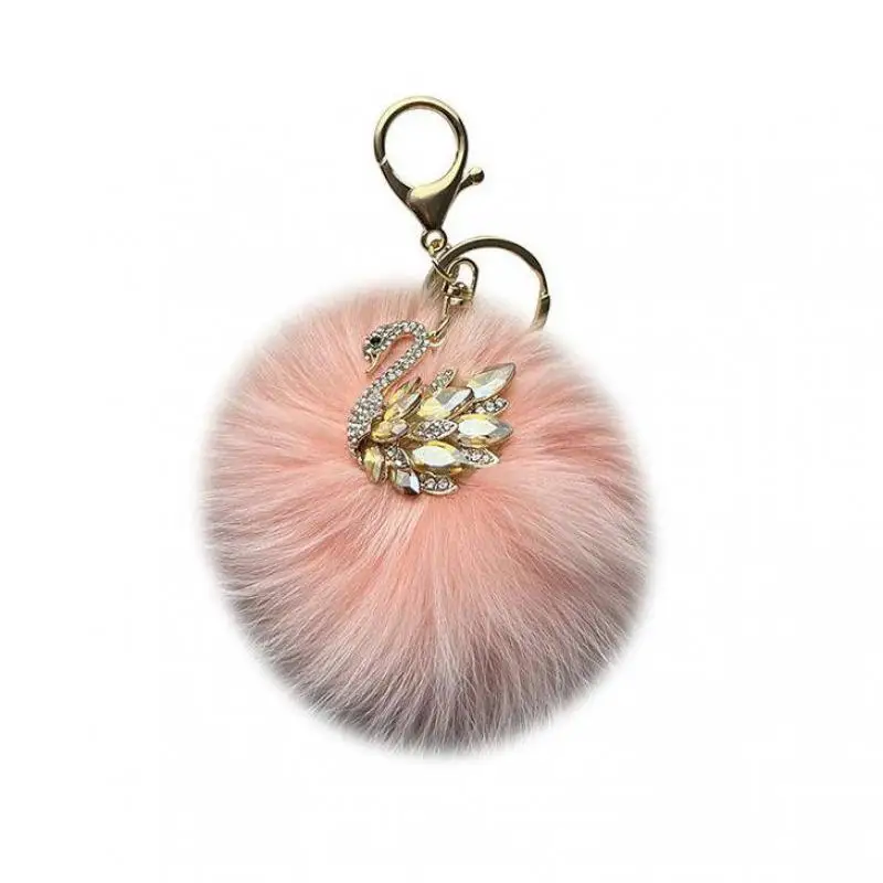 

2023luxury Creative Crystal Swan Sticky Fox Fur Car Keychain Keyring Key Exquisite Women's Keychain Fashion Bag Pendant Gift