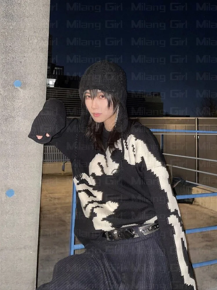 

Y2K Готический зимний свитер с графическим рисунком, женская вязаная одежда в стиле панк, винтажный Свободный пуловер с длинным рукавом и круглым вырезом, уличная одежда для подростков