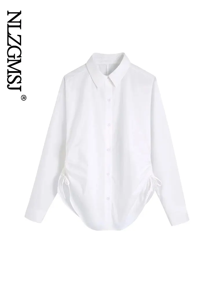 

Nlzgmsj 2022 Women Fashion With Drawstring White Blouses Vintage Long Sleeve Button-up Female Shirts Blusas Chic Tops 202207